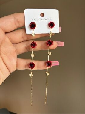 2/$20🎀Fashion Jewelry Gold Chain Earrings with Red Rose Accents